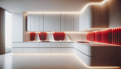 Sleek modern kitchen with white cabinets and vibrant red led lighting accents