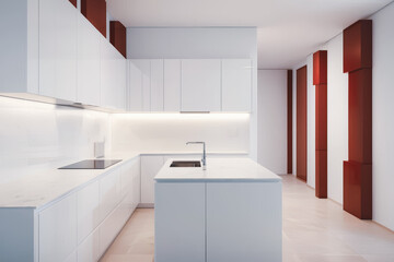 Modern minimalist white kitchen interior with clean lines and bright lighting