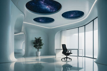 Futuristic office with circular ceiling windows showing a vibrant space nebula