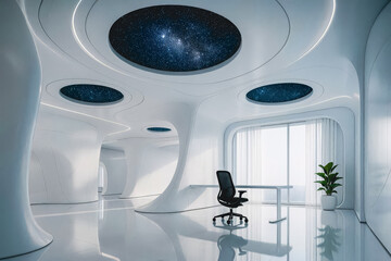 Contemporary office interior with futuristic starry night sky ceiling and sleek decor