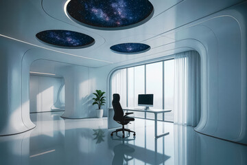 Modern workspace design with futuristic galaxy ceiling patterns and bright interior