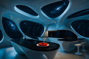 Abstract futuristic architecture interior with flowing white organic curves and shadows