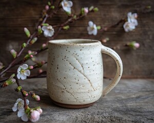 Handcrafted Cream Colored Mug With Spring Blossoms