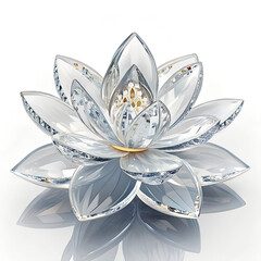 A sparkling crystal lotus flower with clear petals and a golden center, reflecting light on a white surface.