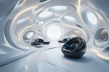 Sci-fi white organic hall interior with biomorphic walls and bright minimalist lighting