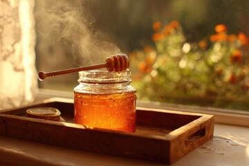 Golden Honey Jar On Wooden Tray By Window