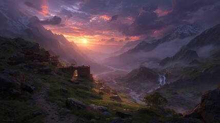 Scenic Sunset Valley With Ancient Ruins
