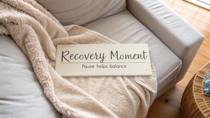 A cozy blanket draped over a sofa with a sign that reads 'Recovery Moment' and 'Pause helps balance'.