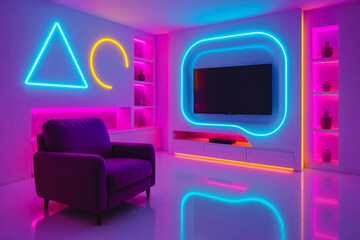 Futuristic Entertainment Room with Neon Accents and Purple Seating, Sci-Fi Interior

