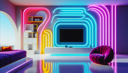 Futuristic Media Room with Multicolored Neon Frame Around Screen, Sci-Fi Design

