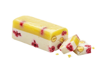 Delicious nougat candy bar with raspberries and nuts isolated PNG, sweet confection on transparent background for dessert and snack concepts