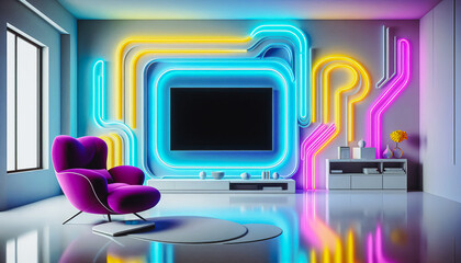 Colorful Neon Entertainment Room with Pink and Blue Lights, Sci-Fi Interior

