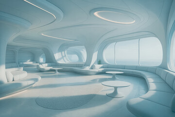 Futuristic White Interior with Curved Furniture and Soft Lighting, Sci-Fi Home

