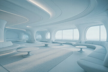 Minimalist Sci-Fi Lounge with Curved Walls and Ambient Lighting, Futuristic Design

