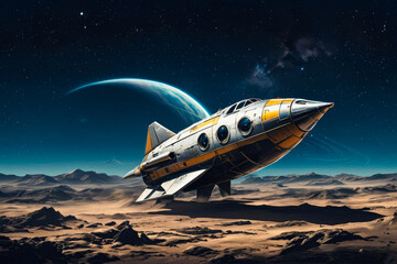 Futuristic Rocket Landing on Alien Planet with Saturn in Background, Sci-Fi Art

