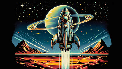 Vintage Spaceship Flying Near Saturn with Ring System, Retro Sci-Fi Cosmic Art

