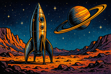 Classic Rocket Launching from Alien Planet with Saturn and Stars, Retro Space Art

