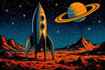Vintage Rocket Ship Soaring Past Saturn Against Starry Sky, Retro Sci-Fi Art

