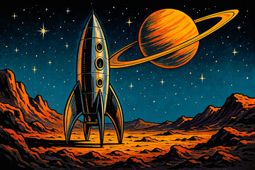 Retro Rocket Launching Toward Saturn in Cosmic Space, Vintage Sci-Fi Illustration

