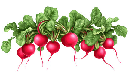 A bunch of fresh red radishes with green leafy tops, ready for harvest.