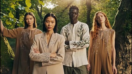 Four diverse models showcase elegant, nature-inspired fashion in an ethereal forest setting, bathed in warm, golden sunlight.