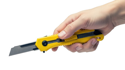 Hand holding utility knife isolated on transparent background