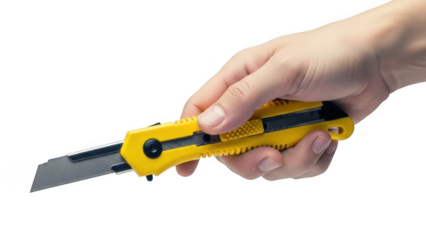 Hand holding utility knife isolated on transparent background