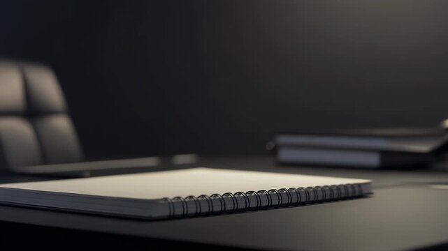 Close Up Of White Notebook With Metal Binding On Dark Desk Surface In Studio