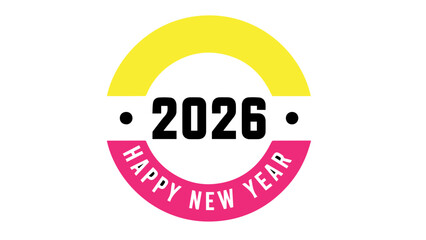 Modern graphic design featuring the year 2026 in bold black text surrounded by bright yellow and vibrant pink circular elements celebrating the new year