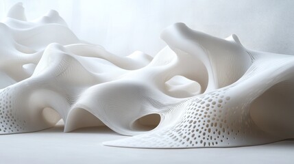 Abstract White 3D-Printed Sculpture: Organic Forms and Intricate Details