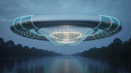 futuristic airship floating over serene lake at dusk