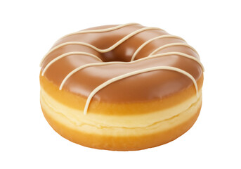 Delicious glazed donut PNG isolated on transparent background, sweet treat with caramel icing and creamy drizzle for dessert menus