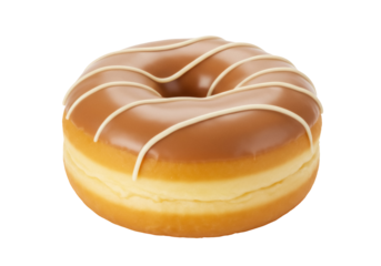 Delicious glazed donut PNG isolated on transparent background, sweet treat with caramel icing and creamy drizzle for dessert menus