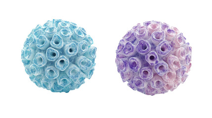 A detailed 3D render of blue cancer cells showing cellular structure.