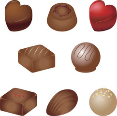 Vector illustration set of various types of gourmet chocolates, pralines, and bonbons isolated on white background for Valentine's Day.