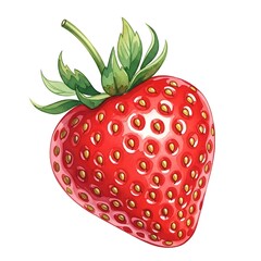A vibrant, close-up watercolor illustration of a juicy, ripe, heart-shaped strawberry with green leaves and stem against a white background