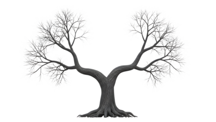 Detailed monochrome wireframe tree with intricate branching structure isolated on a transparent background
