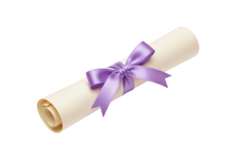 Rolled diploma with purple ribbon isolated PNG on transparent background, graduation certificate for education and academic achievement