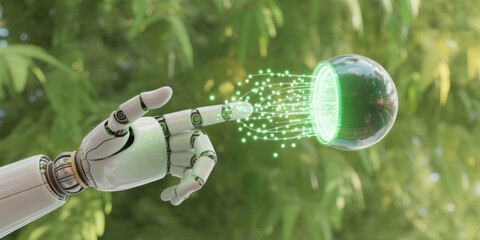 Future Interface: A futuristic robot hand interacts with a glowing sphere of data, embodying technology. This image highlights the exciting intersection of nature, and innovation