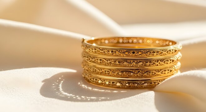 Elegant gold bangles stacked with intricate details resting on a luxurious creamy fabric, representing prosperity and heritage concept