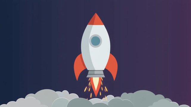 A cartoon rocket launching into space with smoke and fire, flat design illustration.