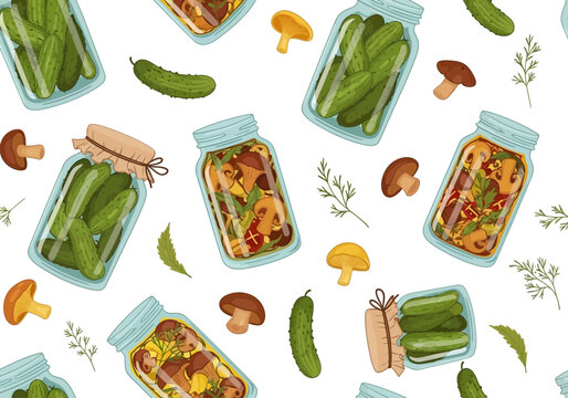 Seamless pattern with various pickled vegetables like cucumbers and mushrooms in glass jars on