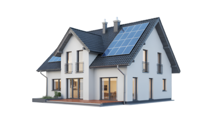 Modern white house with solar panels on roof, eco friendly home with black roof and balcony, large windows and doors isolated on transparent background