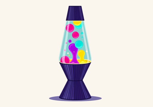Vibrant purple lava lamp with colorful, flowing wax blobs illustration on a light background, retro 70s style