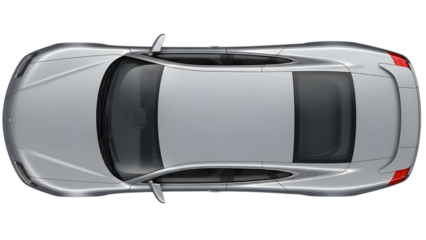 Down view of a silver sedan with tinted windows and rear spoiler isolated on a transparent background
