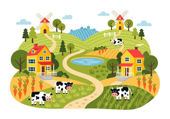 Fototapeta premium Charming cartoon illustration of a vibrant farm landscape with cows, houses, windmills, and cultivated fields under a blue sky