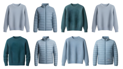 A collection of various colored sweaters and jackets on a transparent background