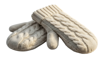 A pair of beige knit mittens on a white surface for winter warmth and comfort outdoors isolated on transparent background