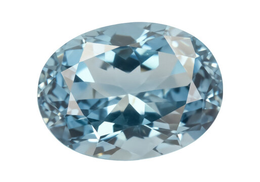 Oval aquamarine gemstone isolated PNG on transparent background, light blue faceted beryl mineral for jewelry design and gemology
