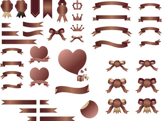 Luxury vector design element set with chocolate-colored ribbons, sealing wax stamps, crowns, and hearts